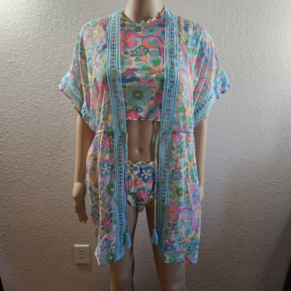 Floral Ruffle Three-Piece Swim Set - Multicolor